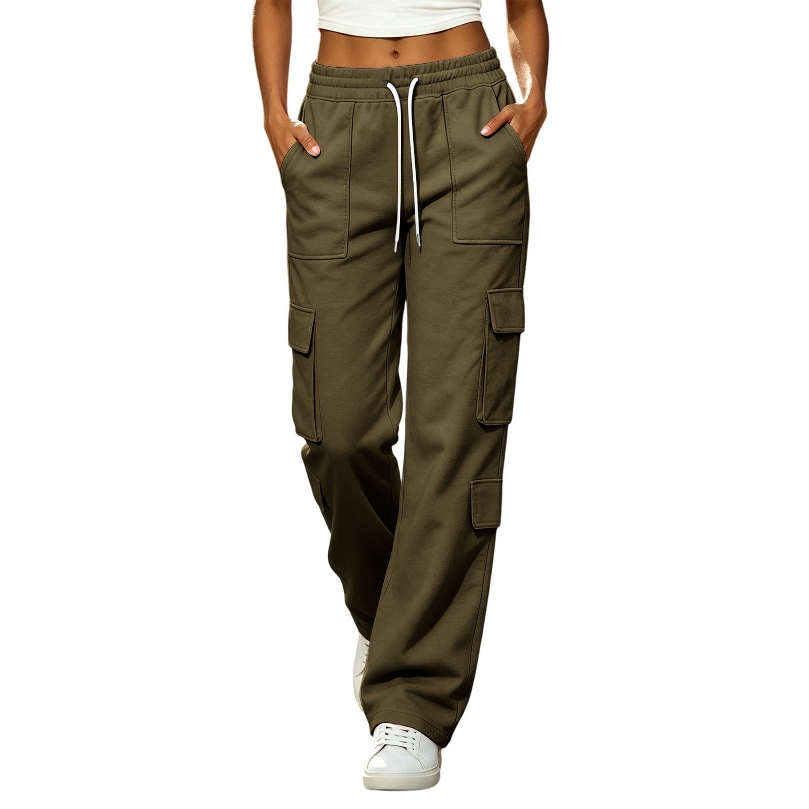 Plus Size Women Cargo Pants Drawstring Straight Leg Loose Fitted Casual ...