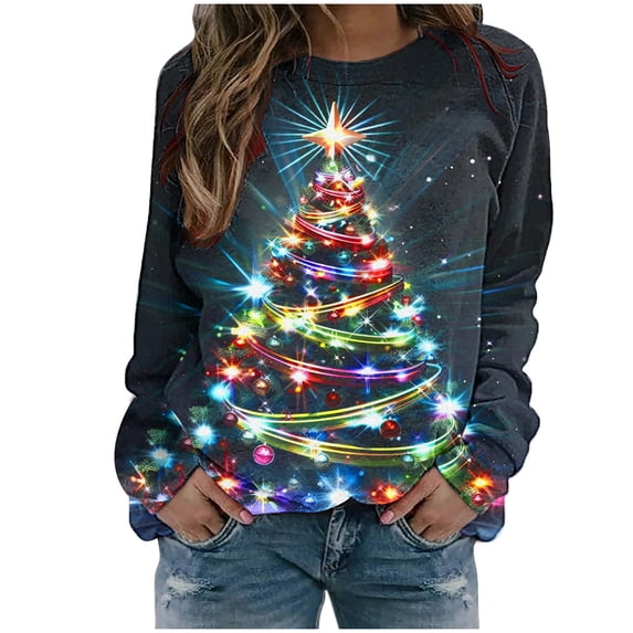 Plus Size Women Christmas Shirts Christmas Tree Printed Fleece T-Shirts Long Sleeve Crew Neck Holiday Xmas Pullover Tops