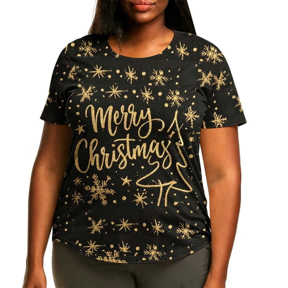 Plus Size Women Christmas T-shirt, X-mas Snowflake Print Short Sleeve Crewneck Relaxed Graphic Tops for Holiday Party, M-5XL