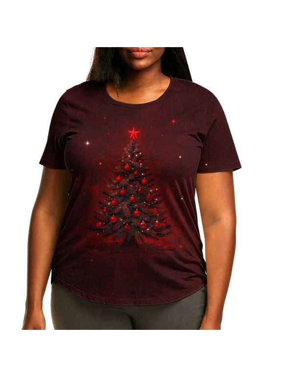 Plus Size Women Christmas Tree T-shirt, X-mas Graphic Short Sleeve Crewneck Relaxed Tops for Holiday Party, Red M-5XL