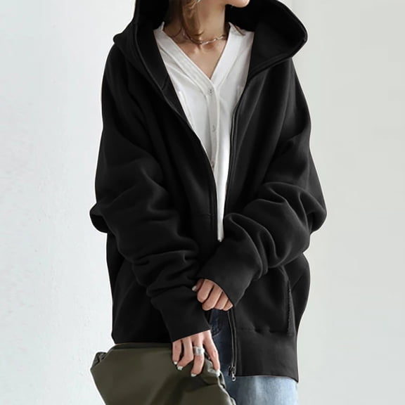 Plus Size Women Clothes Hooded Jackets for Women Oversized Long Sleeve Zip Up Hoodie Coats Casual Basic Solid Color Plus Sweatshirts Outwears Sherpa Jacket Women