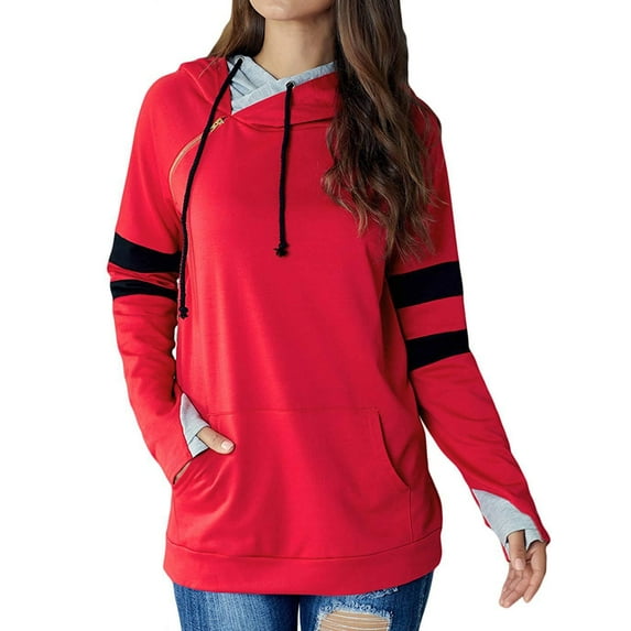 Plus Size Women Colorblock Hooded Sweatshirt Autumn Casual Thin Hoodies Basic Top Pullover Outerwear