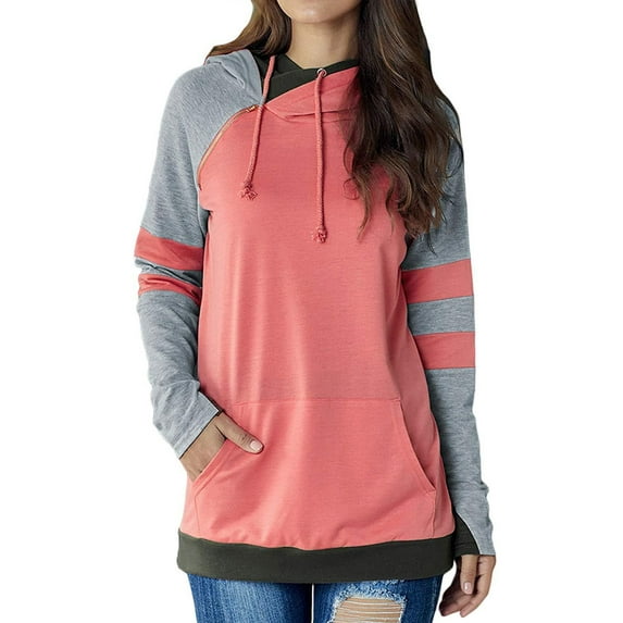 Plus Size Women Colorblock Hooded Sweatshirt Autumn Casual Thin Hoodies Basic Top Pullover Outerwear