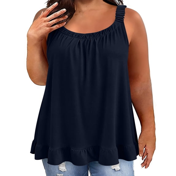 Plus Size Women Cotton Linen Tank Tops Scoop Neck Ruffle Hem Sleeveless T-Shirt Summer Casual Loose Cami
