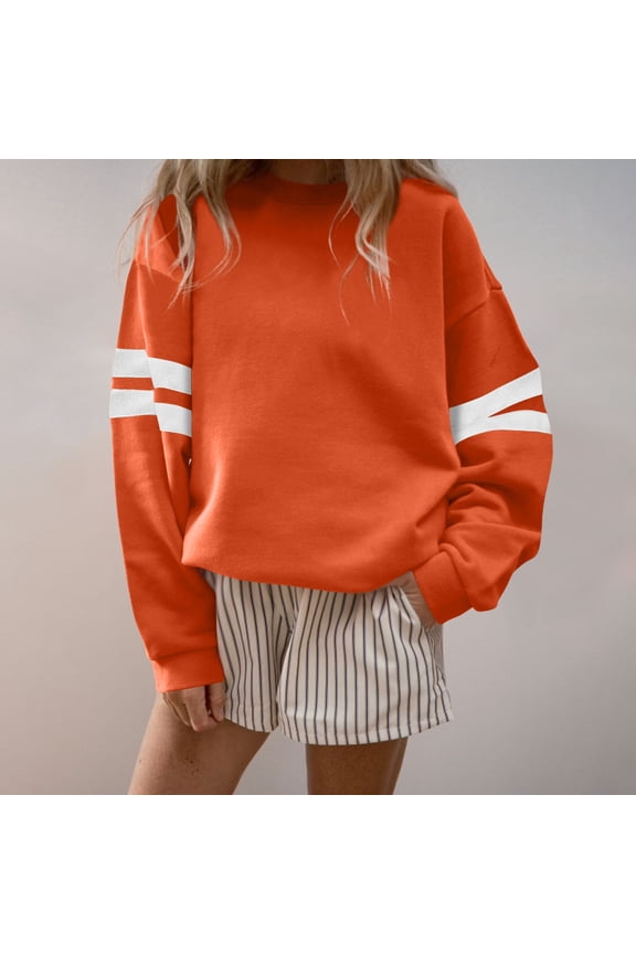 Plus Size Women Crewneck Sweatshirts Loose Casual Long Sleeve Color Block Pullover Hoodless Tops Orange 4XL