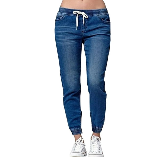 Plus Size Women Denim Jeans Mid Waist Stretchy Slim Fit Drawstring Elastic Trouser Pants Ladies Casual Joggings Leggings