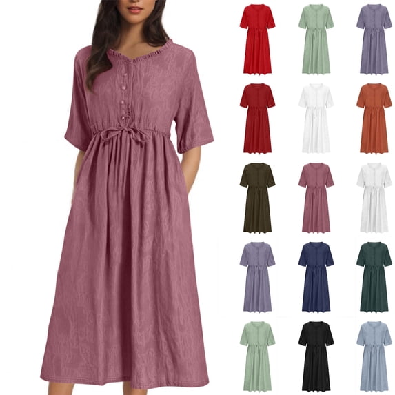 Plus Size Women Dress , Ladies Fashion Women Five Quarter Sleeve Dress V-Neck Dress Solid Dresses Pocket Button(Purple,XL)