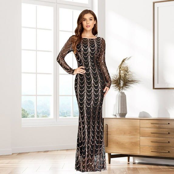 Plus Size Women Evening Dress O Neck Full Sleeve Mermaid Sequins Tulle Floor Length Party Dress Women Formal Dress