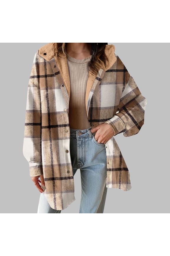 Plus Size Women Flannel Plaid Jacket Long Sleeve Button down Fleece Hooded Shacket Fall Winter Coat with Pocket New Business Casual Jackets for Women Khaki XXL