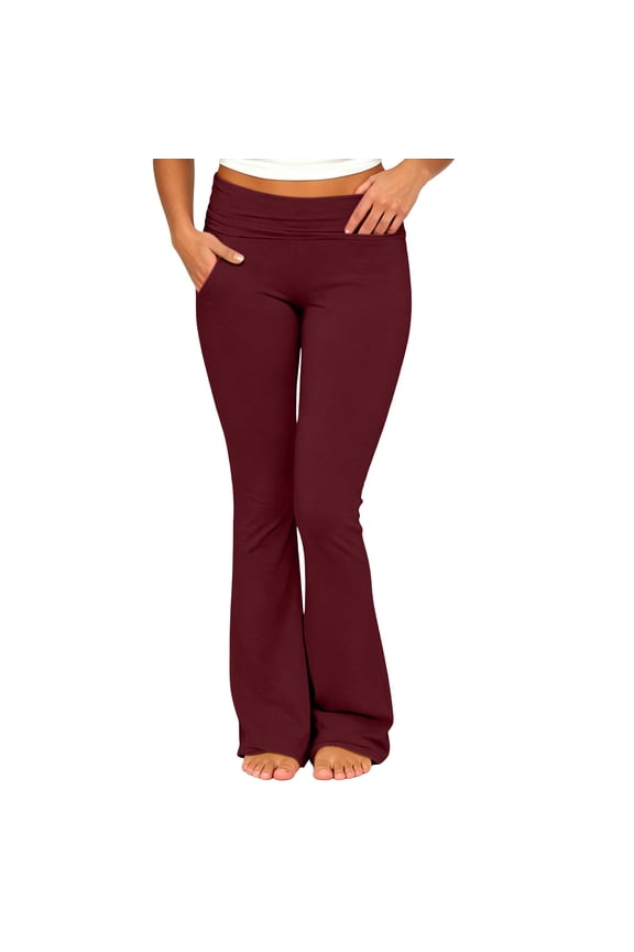 Plus Size Women Flare Yoga Pants Fold over Waist Stretch Soft Casual Trousers with Side Pocket for Daily Workout Wine XXL