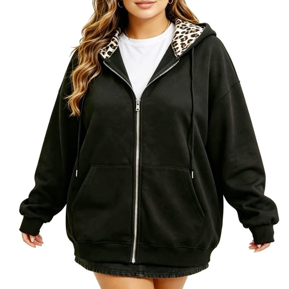 Plus Size Women Fleece Lined Zip Hoodie, Oversized Leopard Lined Hood Casual Sweatshirt Jacket