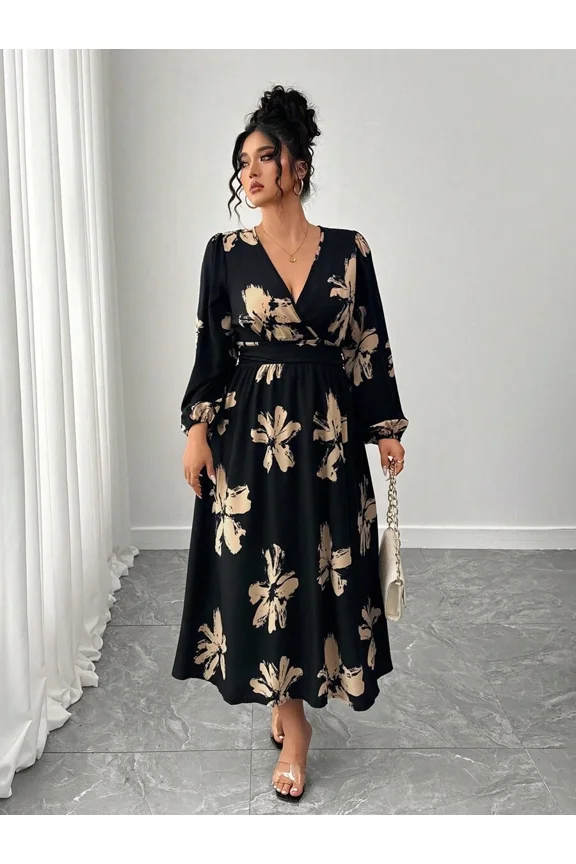 Plus Size Women Floral Print Elegant Crossover Neck Ruched Puff Sleeve Long Dress Fall Cloth For Women