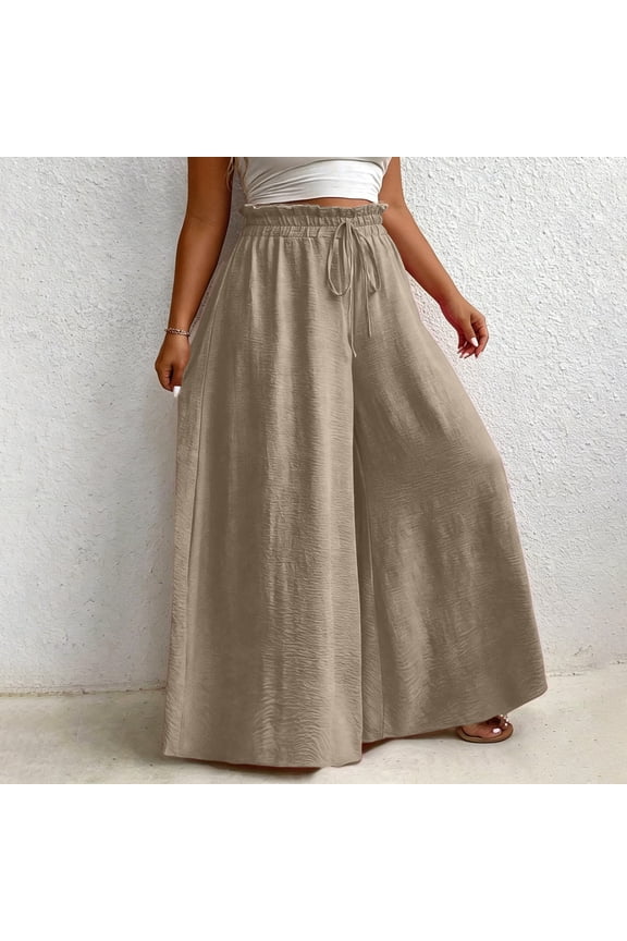 Plus Size Women Flowy Pants, Ruffle High Waist Lightweight Drawstring Summer Casual Culottes for Travel Beige 5XL