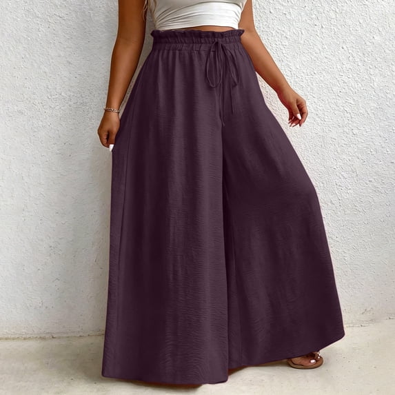 Plus Size Women Flowy Pants, Ruffle High Waist Lightweight Drawstring Summer Casual Culottes for Travel Purple Short Pants for Women L