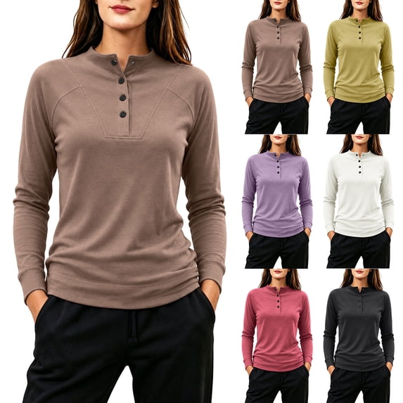 Plus Size Women Half Button Down Collared Shirts Fall Long Sleeve Casual Solid Pullover Tops, Size M-5XL