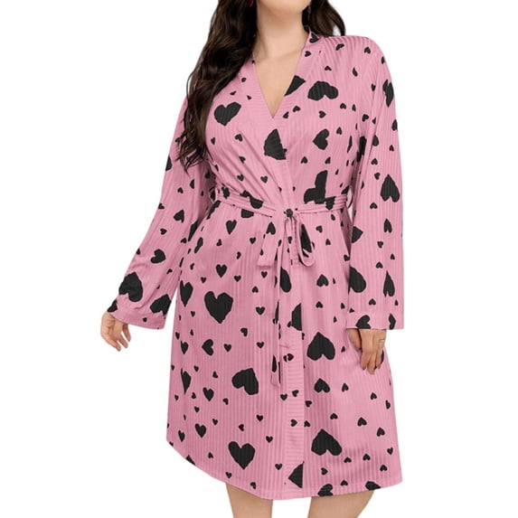 Plus Size Women Heart Print Ribbed Knit Bathrobe, Long Sleeve Wrap V Neck Tie Belt Robe, Loose Fitting Soft Home Loungewear L
