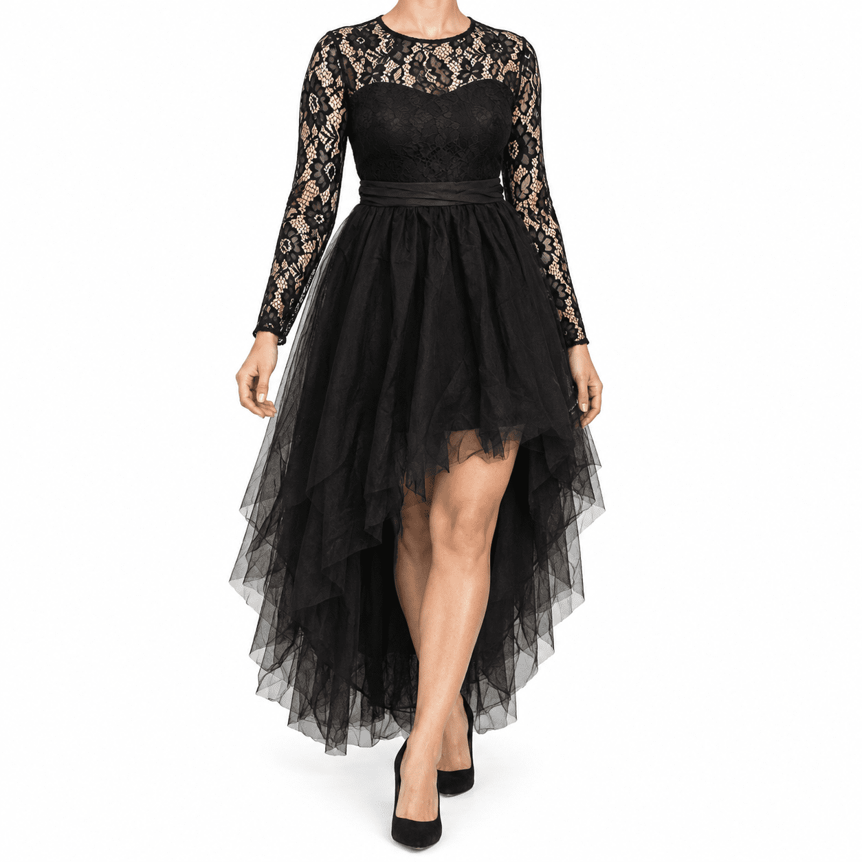 Plus Size Women High Low Tulle Prom Dress Long Sleeve Hollow Floral Lace Ruched Waist Ruffle Tiered Evening Party Gown