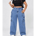 thumbnail image 1 of Plus Size Women High‑Waist Washed Vintage Cargo Jeans, Loose Wide‑Leg Multi‑Pocket Casual Denim Trousers, 1 of 6
