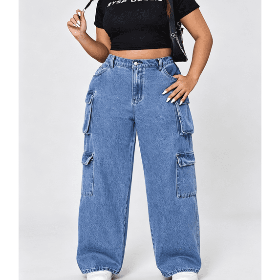 Plus Size Women High‑Waist Washed Vintage Cargo Jeans, Loose Wide‑Leg Multi‑Pocket Casual Denim Trousers