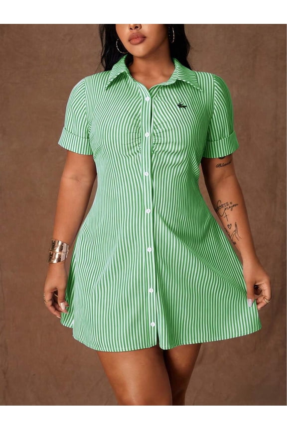 Plus Size Women Knight Pattern Short Sleeve Single-Breasted Striped Shirt Dress