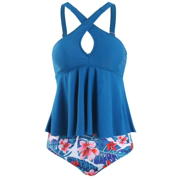 Plus Size Women Ladies Swing Tankini Swimsuit Swimwear Tankini Set Beachwear High Waist Bikini Set Two Piece Swimming Bathing Suit Push Up Padded Backless Tummy Control Tops w/Swim Bottoms