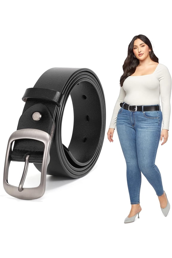 Plus Size Women Leather Belt Black Casual Waist Belt for Jeans Pants with Metal Pin Buckle