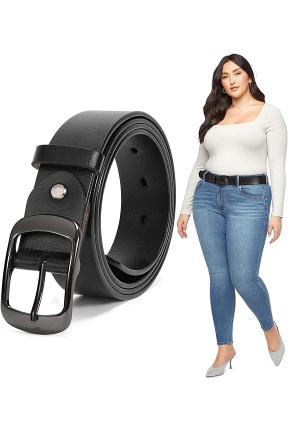 Plus Size Women Leather Belt Black Casual Waist Belt for Jeans Pants with Metal Pin Buckle