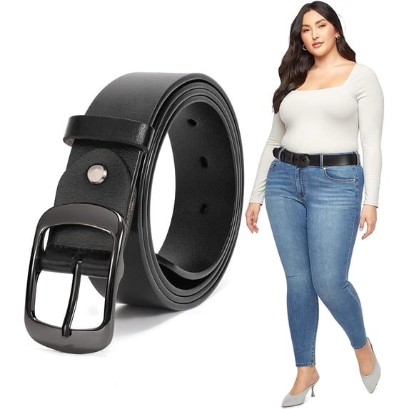 Plus Size Women Leather Belt Black Casual Waist Belt for Jeans Pants with Metal Pin Buckle