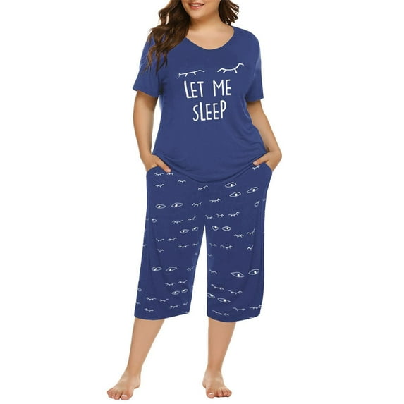 Plus Size Women Letter Print Sleeping Casual T-Shirt & Pants Pajamas Set