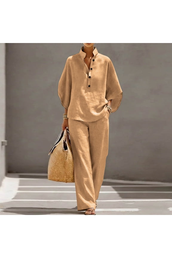 Plus Size Women Linen 2 Piece Set, Loose Fitting Stand Collar V Neck Batwing Sleeve Top and Wide Leg Pants, Casual Everyday Outfit Khaki M