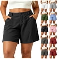 thumbnail image 1 of Plus Size Women Linen Casual Shorts, Button Zip Front Half Elastic Back Waist Solid Color Loose Wide Leg Bermuda Shorts with Pockets for Daily Beach Workout, 1 of 8