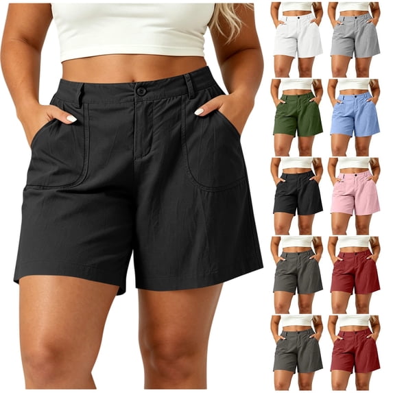 Plus Size Women Linen Casual Shorts, Button Zip Front Half Elastic Back Waist Solid Color Loose Wide Leg Bermuda Shorts with Pockets for Daily Beach Workout