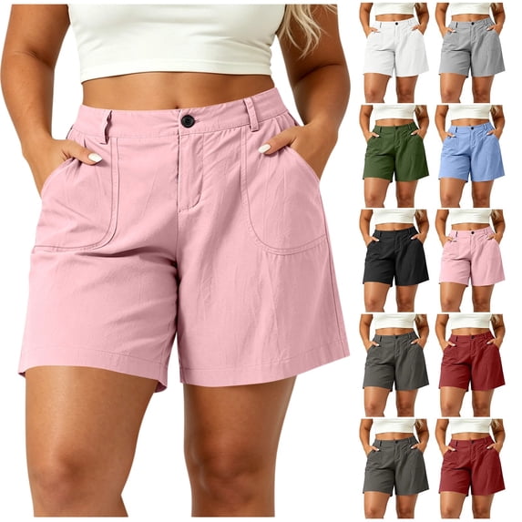 Plus Size Women Linen Casual Shorts, Button Zip Front Half Elastic Back Waist Solid Color Loose Wide Leg Bermuda Shorts with Pockets for Daily Beach Workout