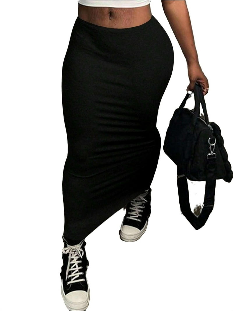 Plus Size Women Long High Stretch Plain Black Color Skirts
