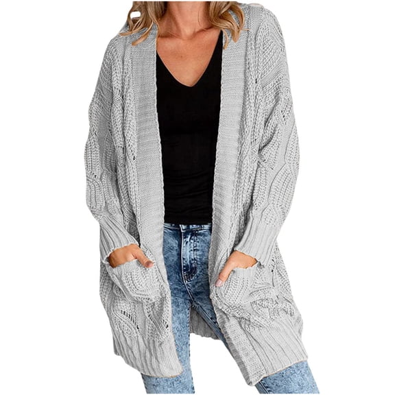 Plus Size Women Long Sleeve Loose Casual Cable Knit Cardigan Open Front Sweater with Pocket