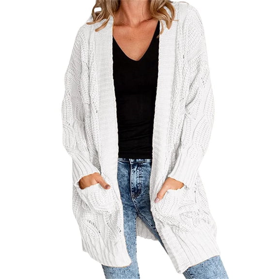 Plus Size Women Long Sleeve Loose Casual Cable Knit Cardigan Open Front Sweater with Pocket