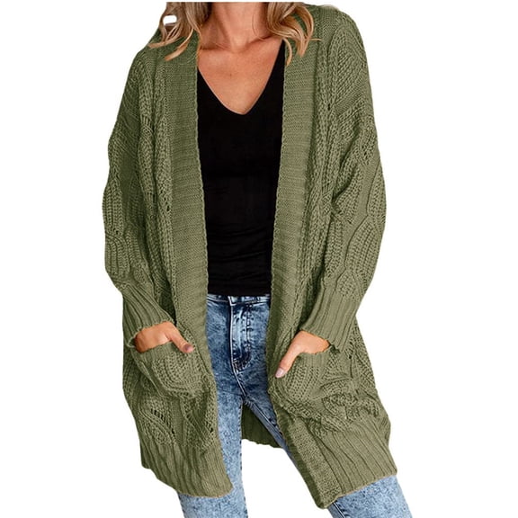 Plus Size Women Long Sleeve Loose Casual Cable Knit Cardigan Open Front Sweater with Pocket