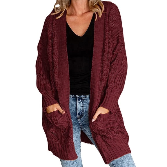 Plus Size Women Long Sleeve Loose Casual Cable Knit Cardigan Open Front Sweater with Pocket