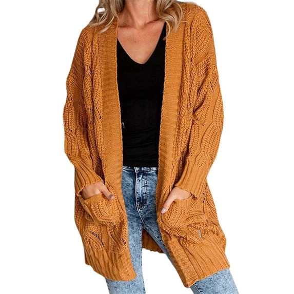 Plus Size Women Long Sleeve Loose Casual Cable Knit Cardigan Open Front Sweater with Pocket
