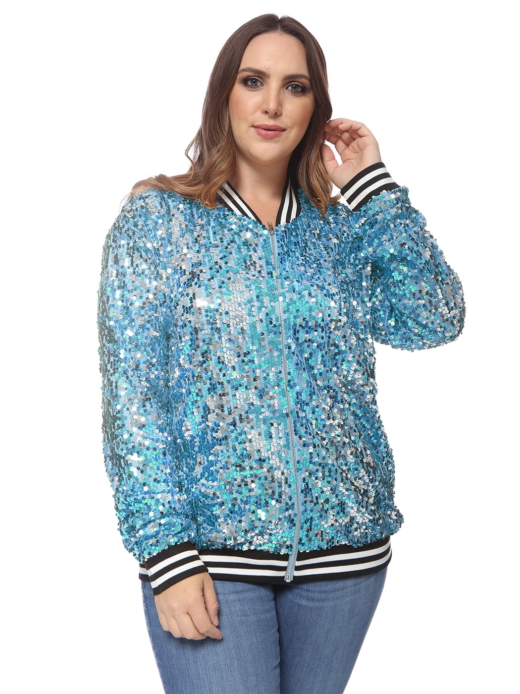 Plus Size Women Long Sleeve Sparkle Sequin Bomber Jacket Zip Front Coat ...