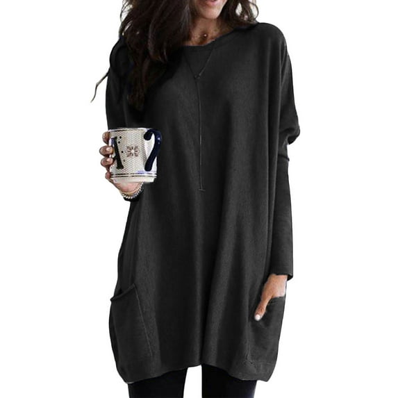 Plus Size Women Long Sleeve T Shirts Dress Crew Neck Sweatshirt Pocket Pullover Casual Tunic Shirts Blouse Tops Ladies Autumn Winter Oversized Shirt