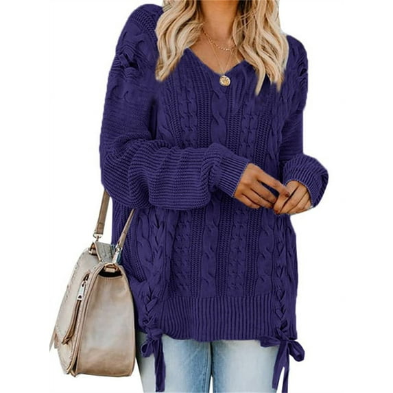 Plus Size Women Long Sleeve V-Neck Lace-Up Drawstring Cable Knit Sweater