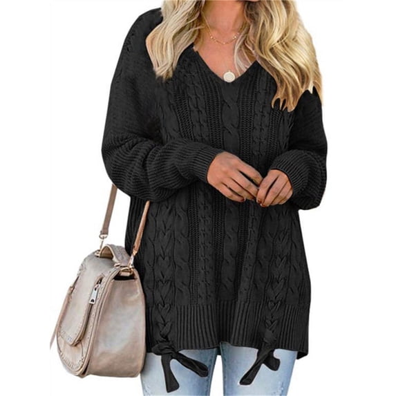 Plus Size Women Long Sleeve V-Neck Lace-Up Drawstring Cable Knit Sweater