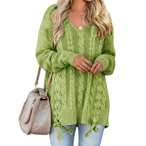 Plus Size Women Long Sleeve V-Neck Lace-Up Drawstring Cable Knit Sweater