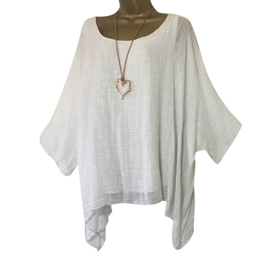 Plus Size Women Loose Casual Cotton Linen Top Blouse Ladies Summer Thin 3/4 Sleeve Bat wing Casual Baggy Pullover Basic Tee Shirt Blouses Daily Wear T-Shirt White S