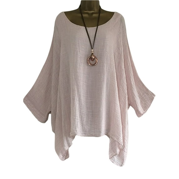 Plus Size Women Loose Casual Cotton Linen Top Blouse Ladies Summer Thin 3/4 Sleeve Bat wing Casual Baggy Pullover Basic Tee Shirt Blouses Daily Wear T-Shirt Pink L