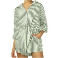 thumbnail image 1 of Plus Size Women Lounge Sets 2 Piece Outfits Two Piece Pants Outfits Linen Women Flip Collar Stripe Button Long Sleeved Jacket Elastic Waist Shorts my reorder list, 1 of 5