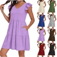 thumbnail image 1 of Plus Size Women Midi Dress Short Sleeve Solid Color V-Neck Flutter Sleeve Women Sundresses Casual Loose Flowy A-Line Sundresses, 1 of 7