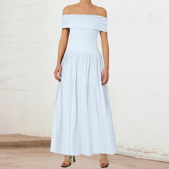 Plus Size Women Off Shoulder Maxi Dress Summer Sleeveless Casual Slim Swing Pleated Formal Party Gown Elegant Flowy