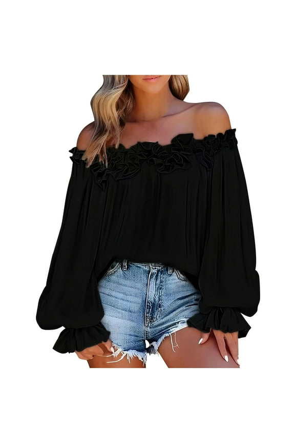 Womens Off The Shoulder Tops Puff Long Sleeve Tie Front Loose Fit Ruffle Shirts Blouses